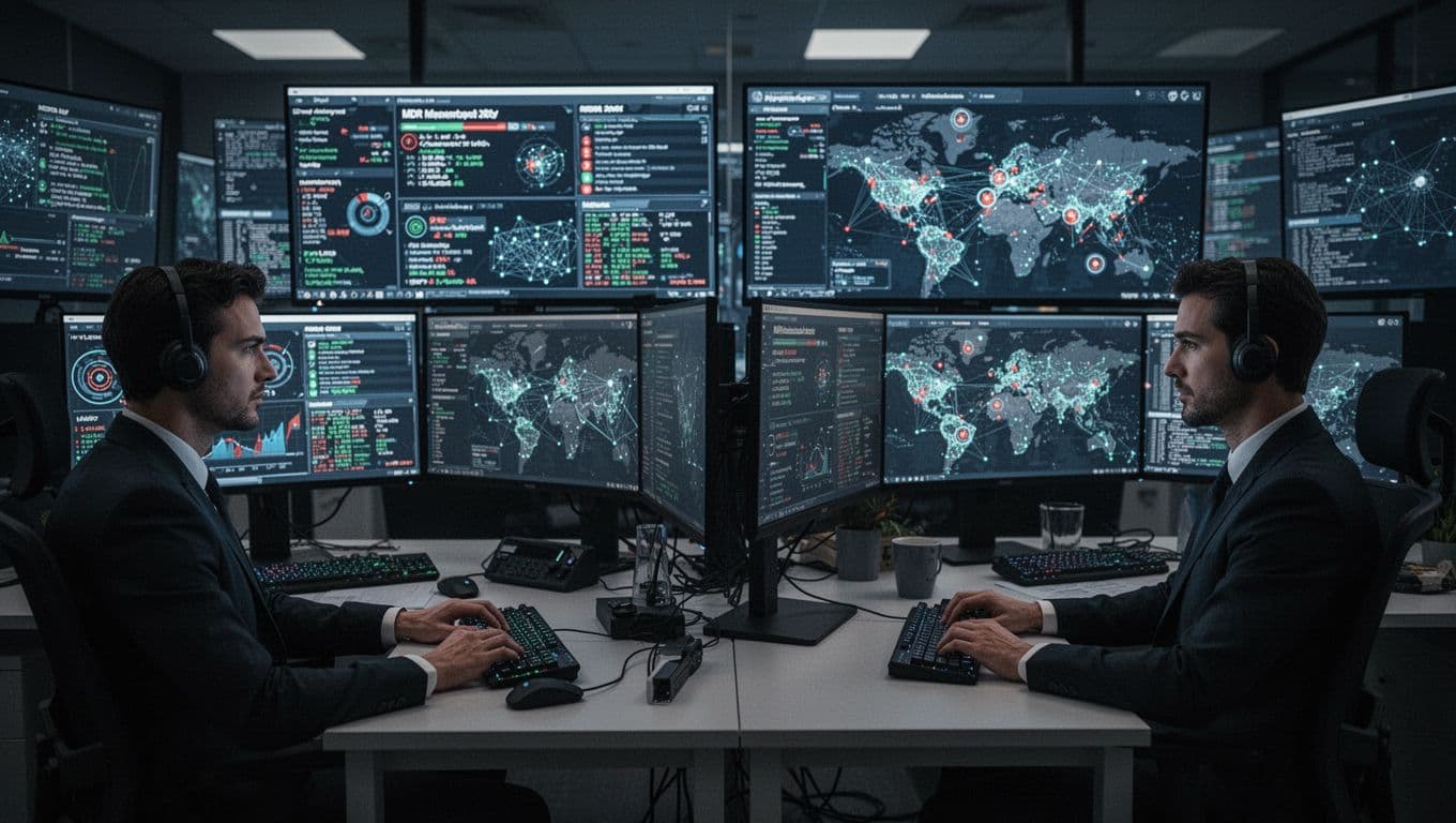Two analysts in a dimly lit security operations center monitor multiple screens displaying network alerts and threat maps, highlighting team collaboration in the MDR response process.