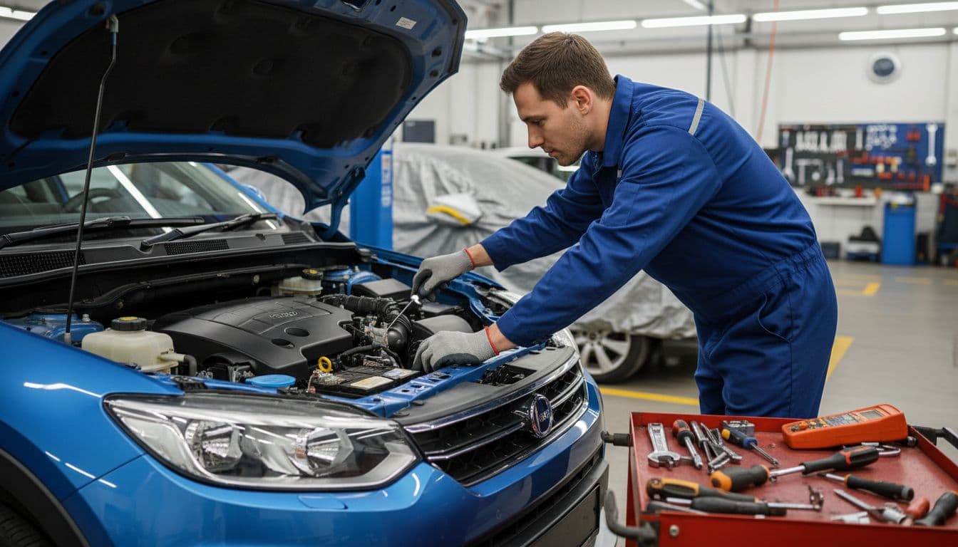 A professional mechanic in a well-lit garage inspects the engine and fluids of a compact SUV with tools in hand, emphasizing pre-purchase mechanical checks.