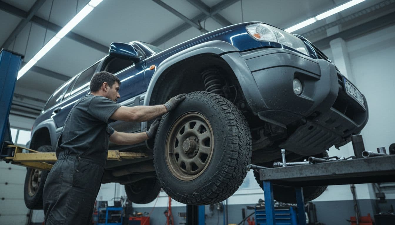 A mechanic in a garage examines the undercarriage of a used SUV elevated on a lift, focusing on tires and suspension with tools nearby under industrial lighting.