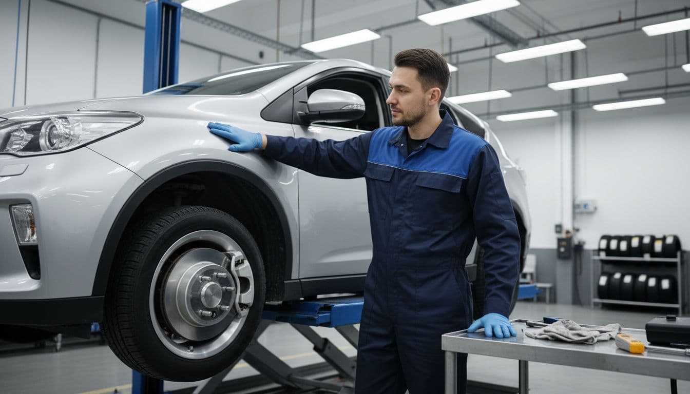 A professional mechanic in a clean garage examines low-wear brake pads on an elevated hybrid SUV, demonstrating regenerative braking advantages with fresh pads and rotors under bright shop lights.