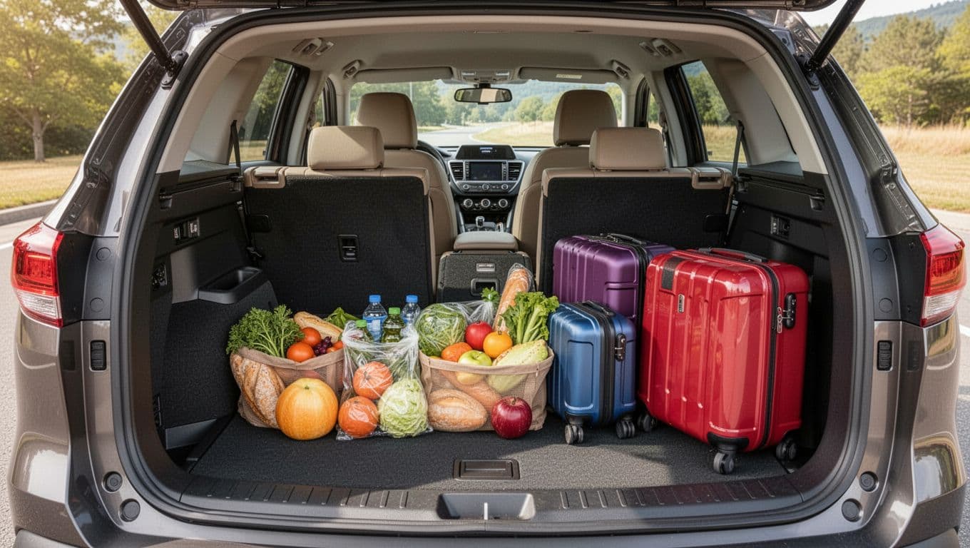 Spacious interior of midsize crossover with folded seats showing large cargo area loaded with groceries and luggage under natural lighting.