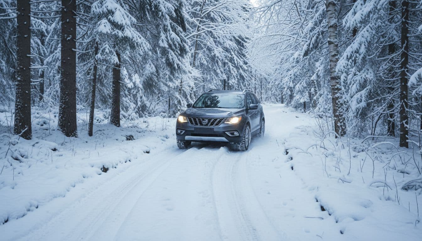 Midsize SUV driving confidently on a snowy forest trail, handling light off-road snow with trees and soft winter light in realistic photo style. Exactly one vehicle, no people, text, logos, or extras.