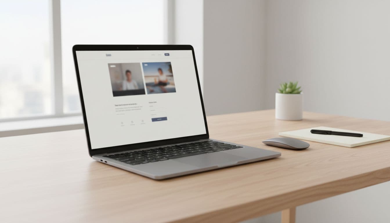 Open laptop on a clean wooden desk in a minimalist office, screen angled to show a simple SaaS landing page layout with signup area, mouse and notepad nearby. Realistic product photo style with bright even lighting, no people or readable text.