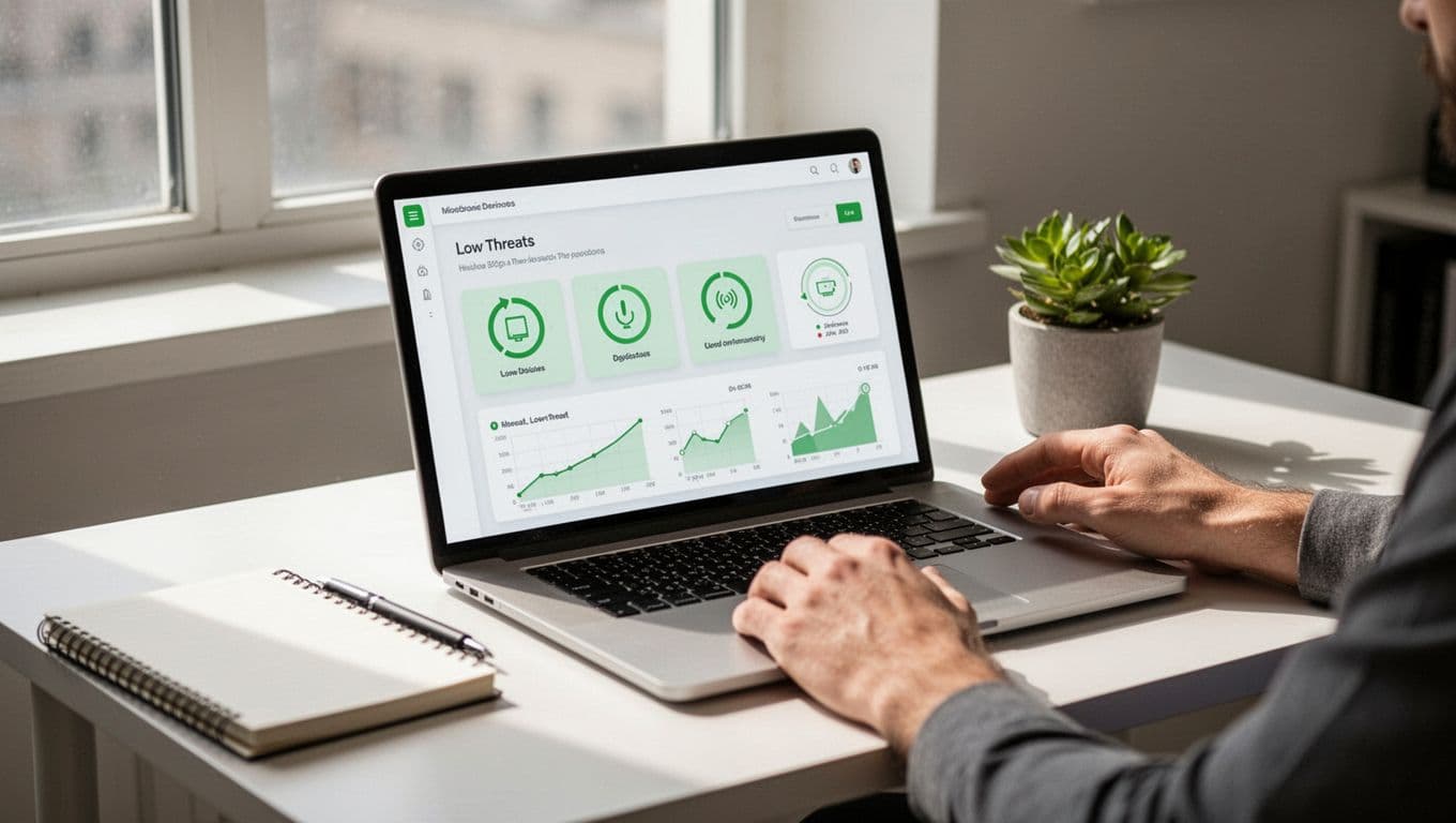 Clean modern antivirus dashboard on a laptop screen in a small office, showing green protected status for 5 devices including laptops and phones, with simple low-threat charts, desk accessories like notebook and plant, bright natural window light.