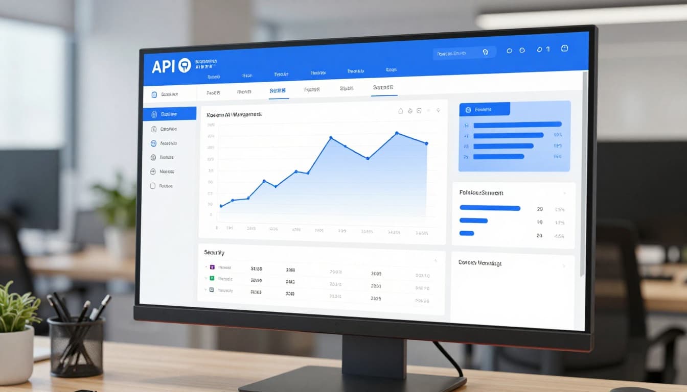 Modern API management dashboard displayed on a large computer screen in a tech office, featuring analytics graphs, security metrics, and traffic flow charts in a clean blue and white interface.