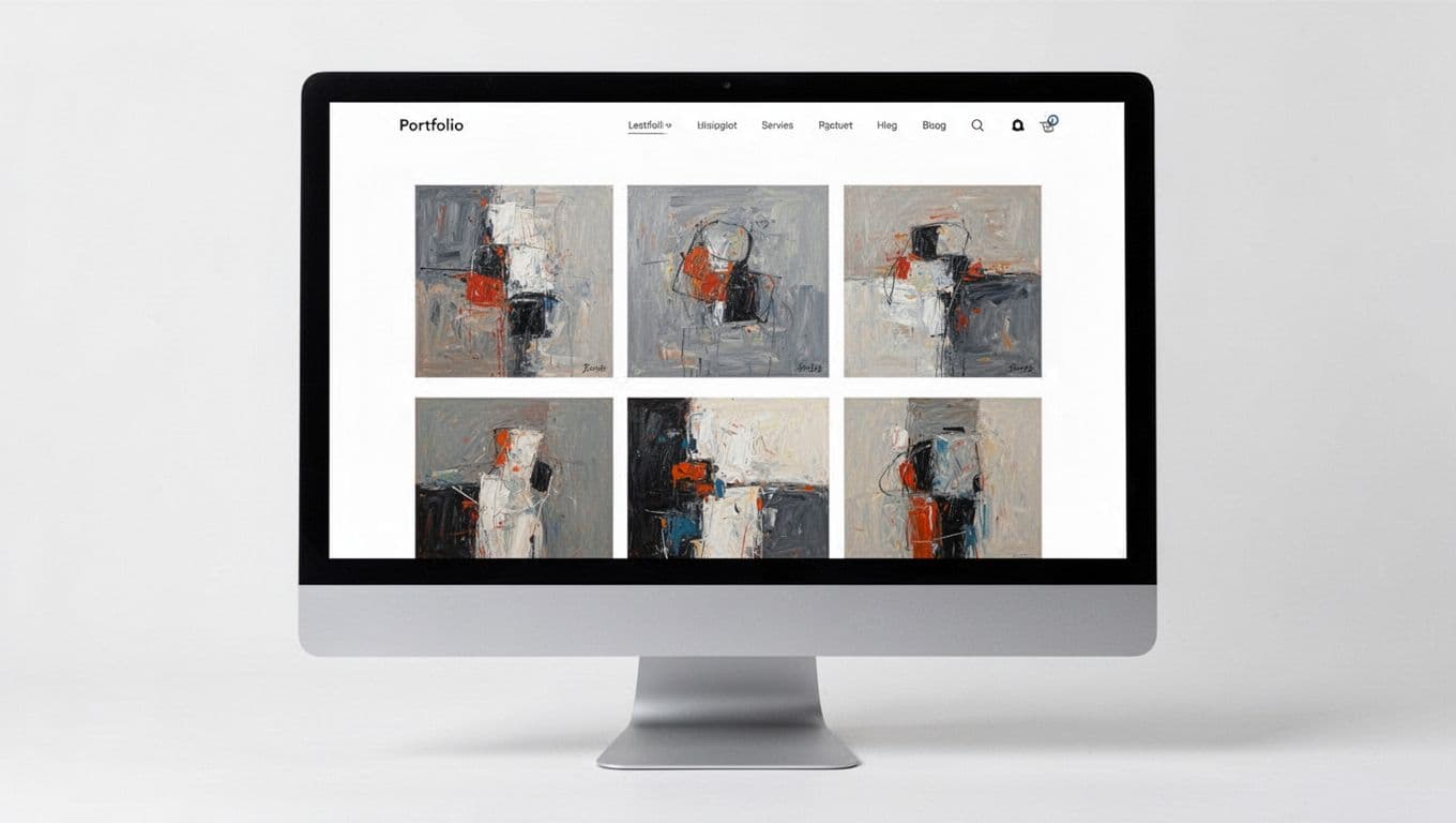 A sleek, modern artist portfolio webpage shown on a desktop computer screen, displaying high-resolution abstract paintings in a grid gallery with minimal navigation and dominant white space.