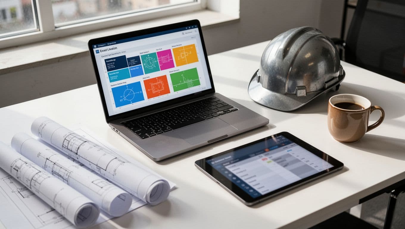 Clean modern construction office desk setup with open laptop displaying project dashboard at angle, nearby tablet with schedule view blurred, paper blueprints, hard hat, and coffee mug. Top-down composition slightly angled in realistic photo style with bright natural window light and high detail.
