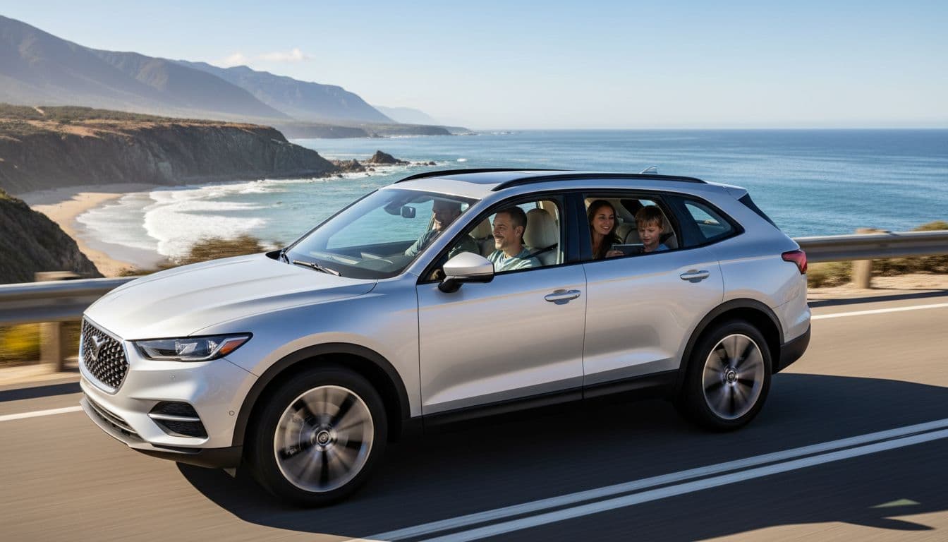 Modern midsize SUV on a scenic highway during a sunny day road trip, with a family of four visible through the windows enjoying comfortable seating and cargo bags in the back.