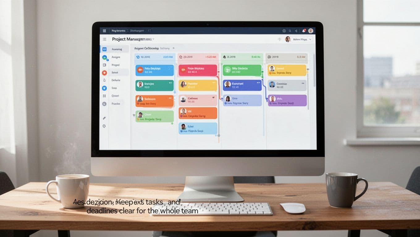 A large computer screen shows a modern project management dashboard with a kanban board featuring colorful task cards for progress stages, deadlines, and assignee icons, set on a wooden office desk with a coffee mug nearby in minimalist style.