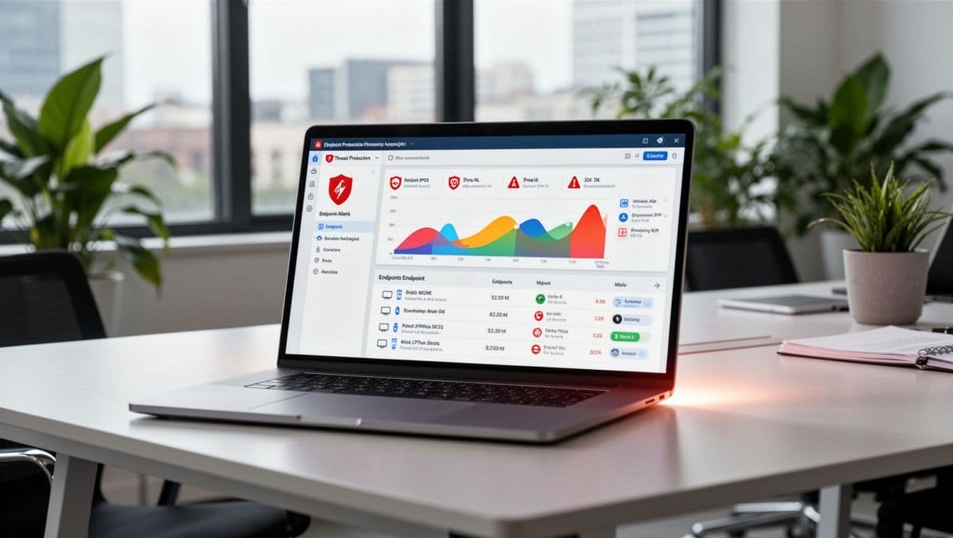 Modern laptop on a sleek office desk showing an endpoint protection software dashboard with colorful graphs, threat alert icons, and endpoint device list. Clean modern office background with natural daylight, realistic photography style.