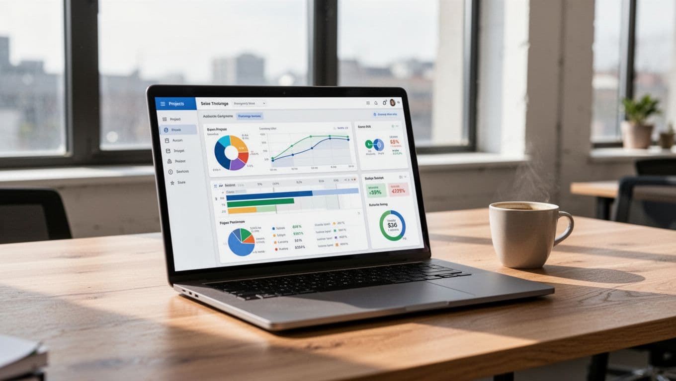 Modern laptop on a wooden desk in a bright office, screen displaying a project management dashboard with task lists, timelines, time tracking entries, and budget overview. Single laptop angled slightly with a coffee cup beside it, realistic style, natural daylight lighting, clean composition.