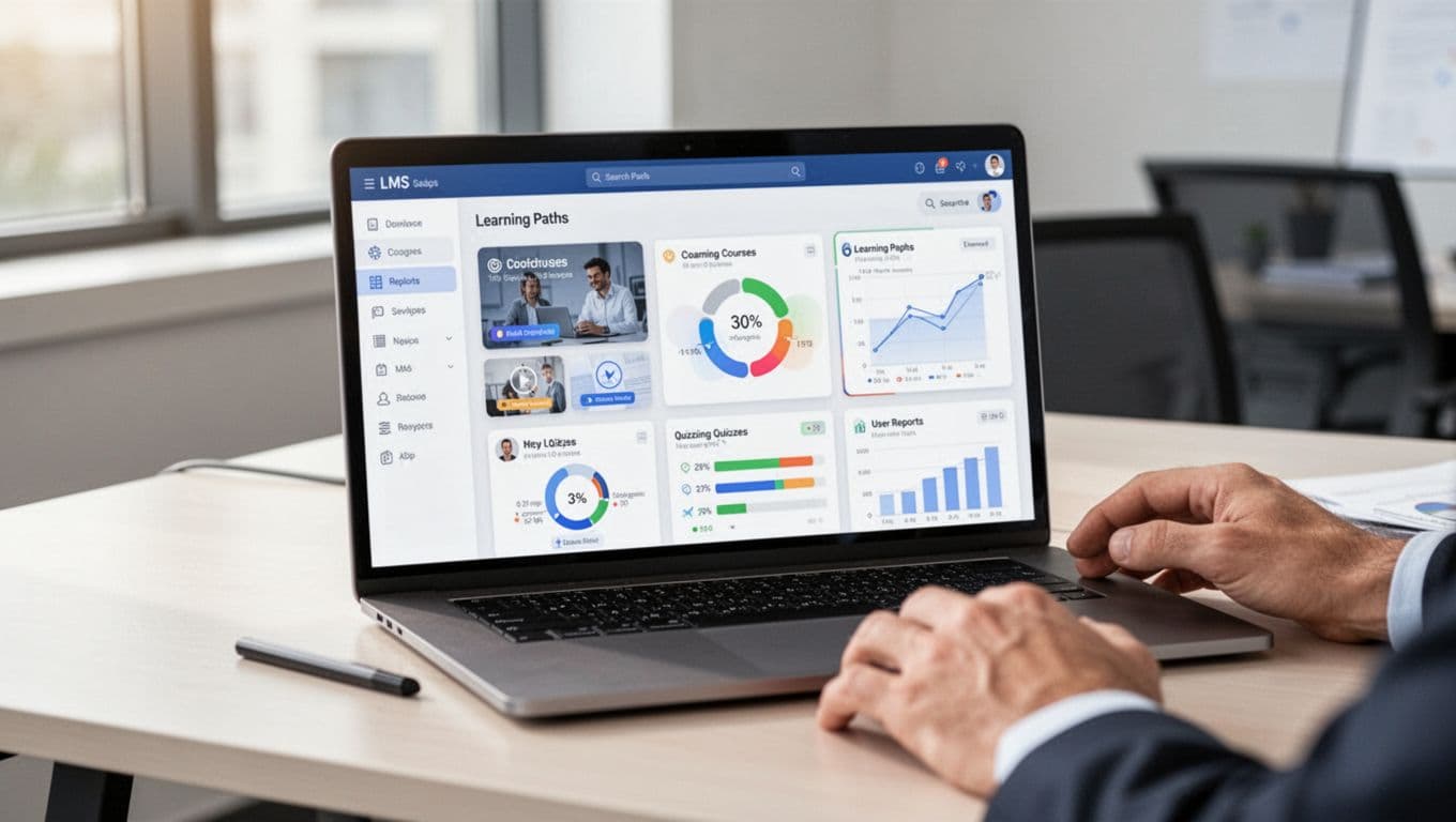 Contemporary office desk with a laptop displaying a clean LMS dashboard interface showing course thumbnails, learning paths, progress charts, quizzes, and user reports. Soft natural daylight lighting, professional realistic style, one pair of hands resting nearby.