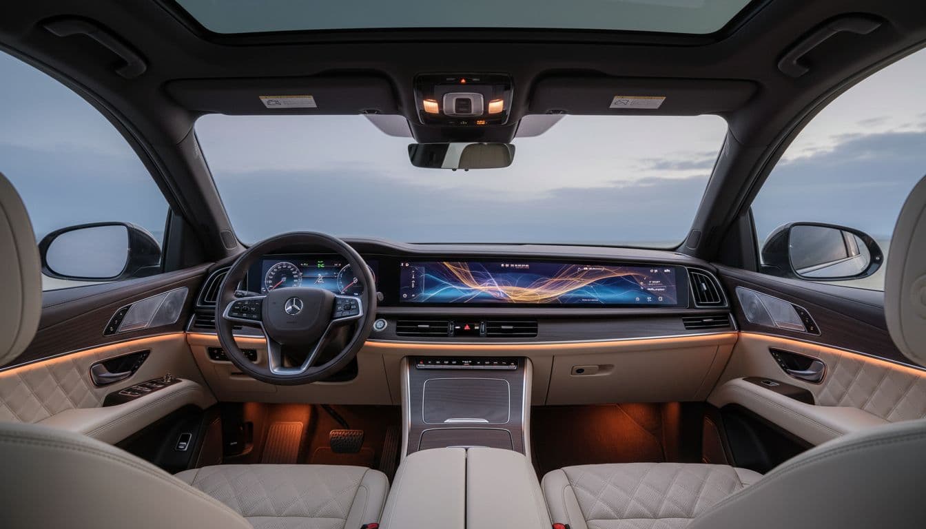 Front view from the driver's seat showcasing a high-tech luxury SUV cabin with curved panoramic dashboard display, premium leather seats, ambient lighting, and comfortable atmosphere in soft evening lighting.