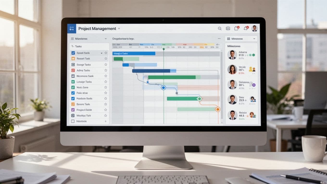A modern project management dashboard displayed on a large computer monitor in a bright office environment, featuring Gantt charts, task lists, milestones, and team status icons with no readable text. Clean professional graphic style illuminated by soft natural daylight, landscape composition with exactly one screen visible and no people or watermarks.