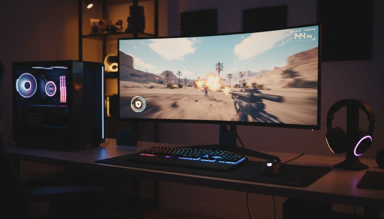 Photorealistic wide-angle shot of a modern gaming desk setup in a dim room, lit by RGB glow from PC tower and peripherals, featuring a large curved monitor displaying a fast-paced shooter game at high FPS with a subtle blurred antivirus game mode indicator, gamer headset on desk, no people visible.