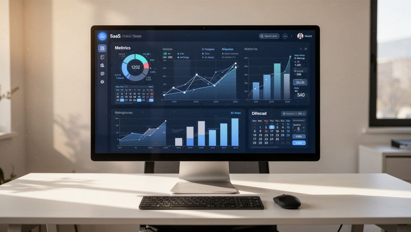 Clean modern dashboard interface on a large computer monitor displaying SaaS metrics like app count, spend graph, license usage bars, and renewal calendar, in a professional office desk setup with keyboard and mouse.