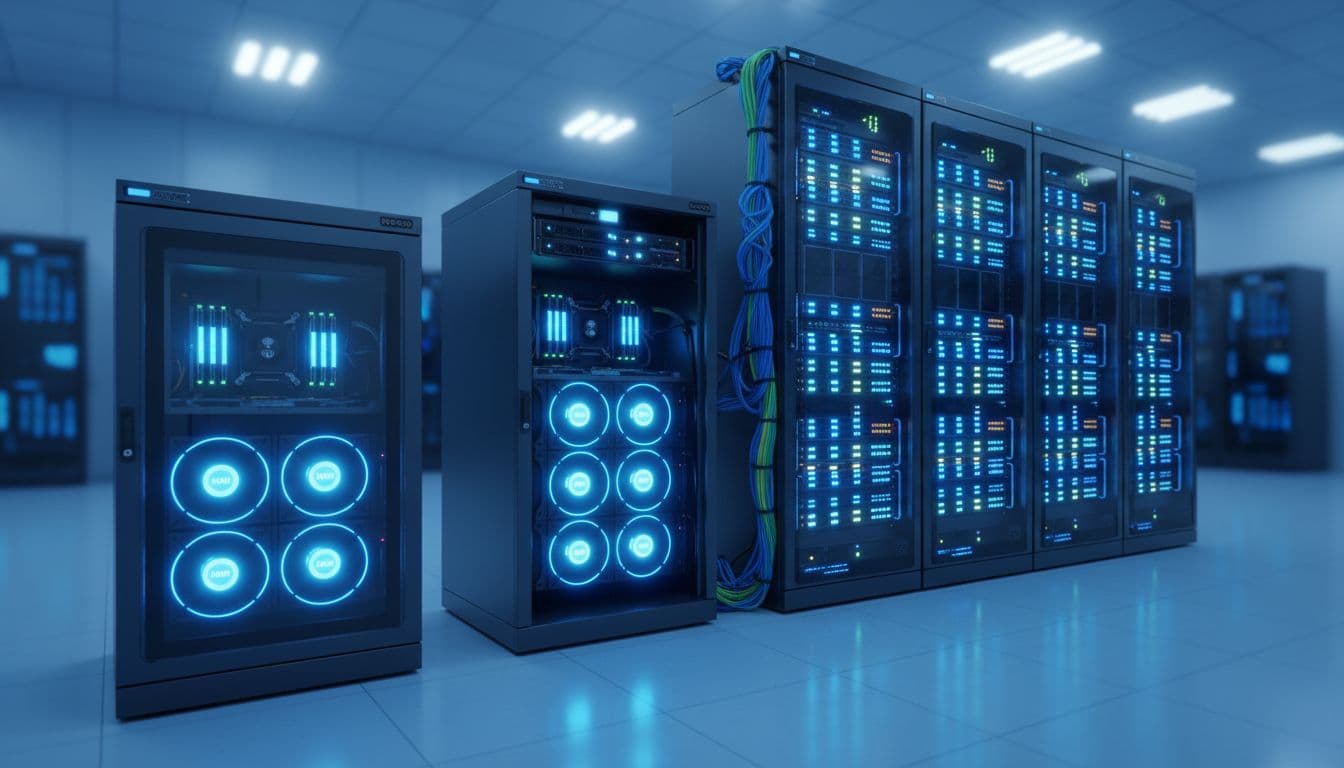 Photorealistic interior of a modern server room with tall racks of high-performance servers illuminated by cool blue LED lights from CPU coolers and NVMe bays, visible RAM stacks through transparent panels, and organized fiber optic cables showing scalable hardware setups.