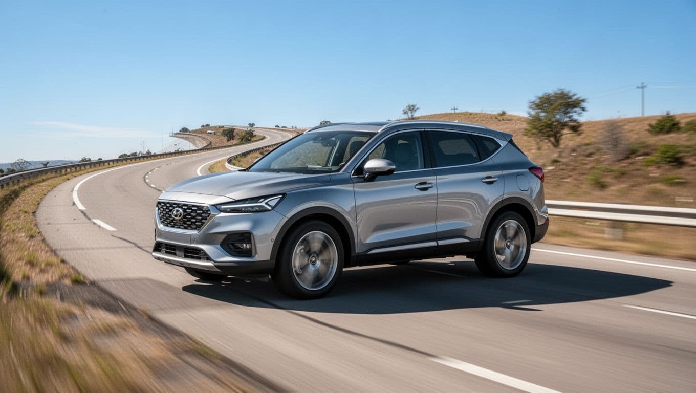 Modern silver crossover SUV gliding smoothly on a winding paved highway under blue sky, dynamic side angle highlighting stability and car-like handling in realistic photography style.