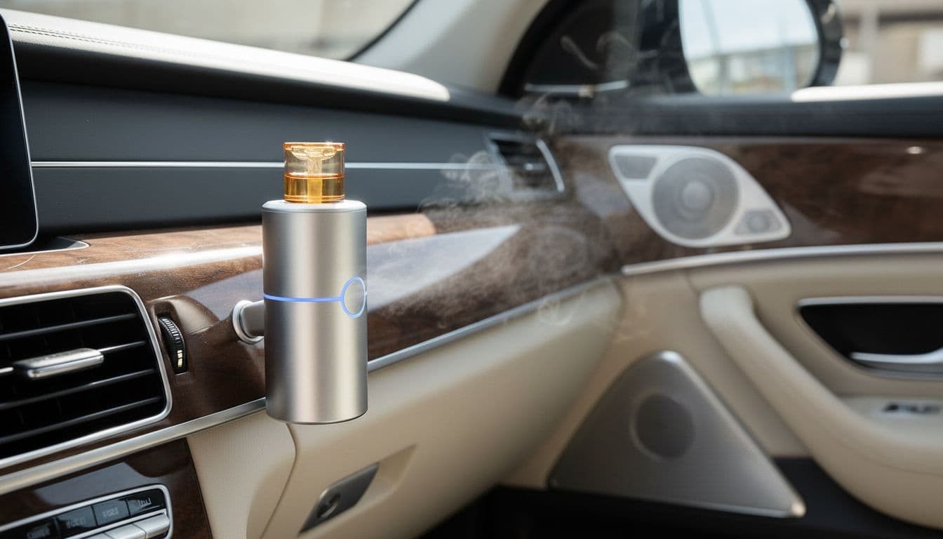 Modern smart car air freshener diffuser on a luxury SUV vent with aluminum body, LED indicator, and essential oil cartridge. Realistic product photo in bright daylight with wood-trimmed interior and subtle mist for even scent diffusion.