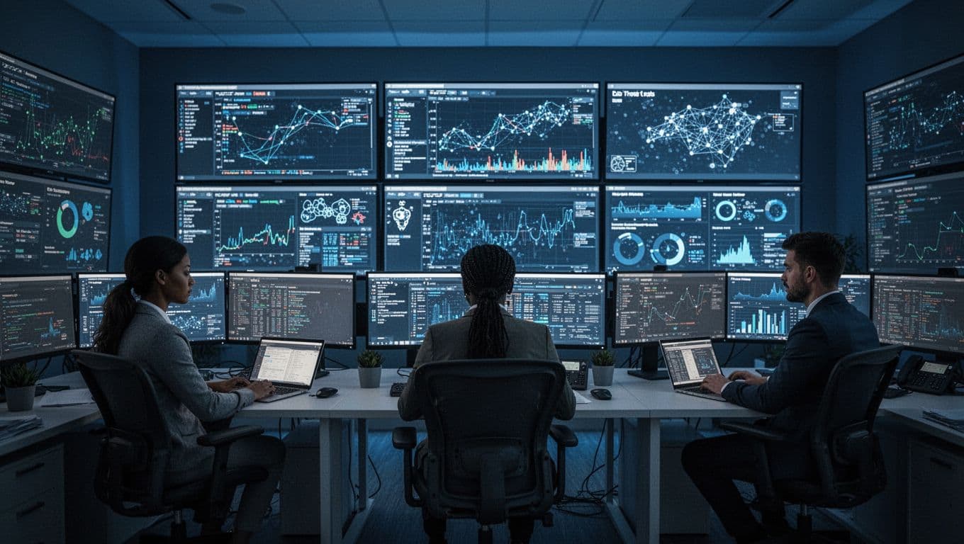 Modern security operations center featuring three diverse analysts at desks with laptops and large wall monitors displaying network traffic, threat alerts, and dashboards in a dimly lit room with blue hues and glowing screens.