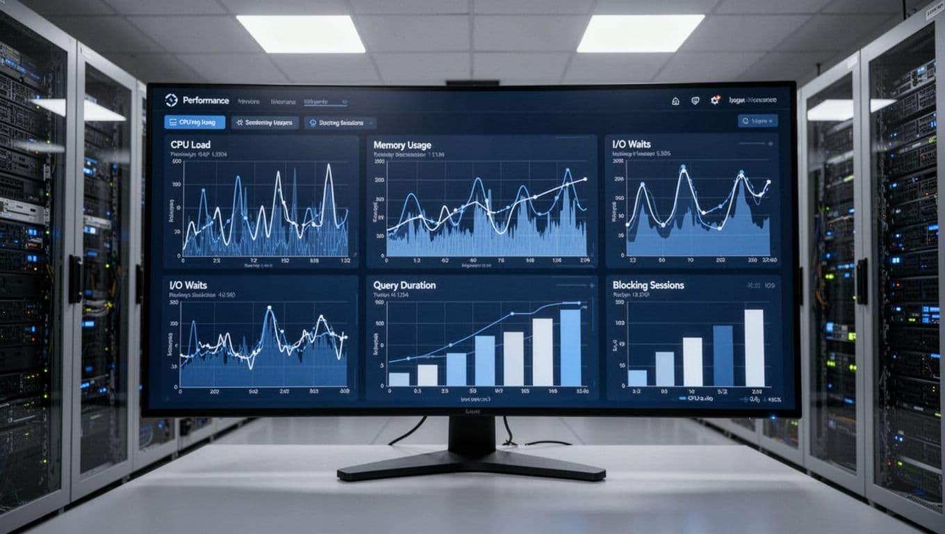 Modern SQL Server performance monitoring dashboard on a large computer screen in a server room control center, displaying graphs for CPU usage, memory, I/O waits, query duration, and blocking sessions in a clean professional blue and white style.
