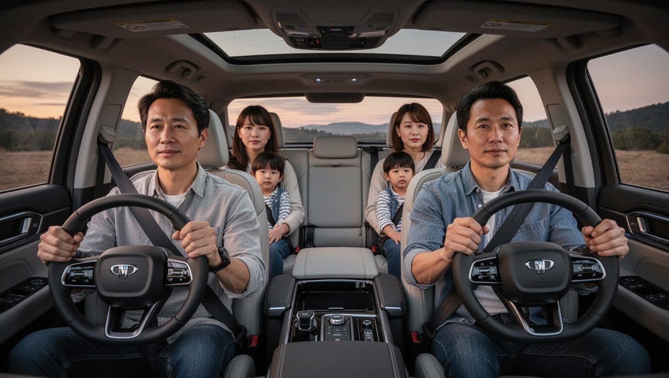 Inside a modern three-row SUV, a family of four sits comfortably with two adults in the front seats and two children in the rear, subtle safety features like forward collision sensors visible on the dashboard, illuminated by soft evening lighting.