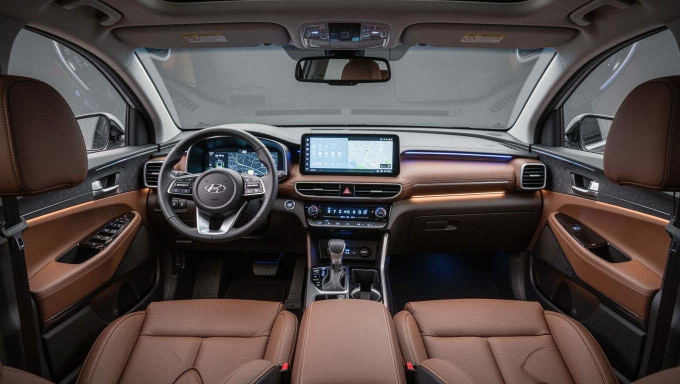 Modern SUV interior dashboard featuring dual 12.3-inch screens, spacious cabin with leather front seats and center console, high-tech feel with ambient lighting.