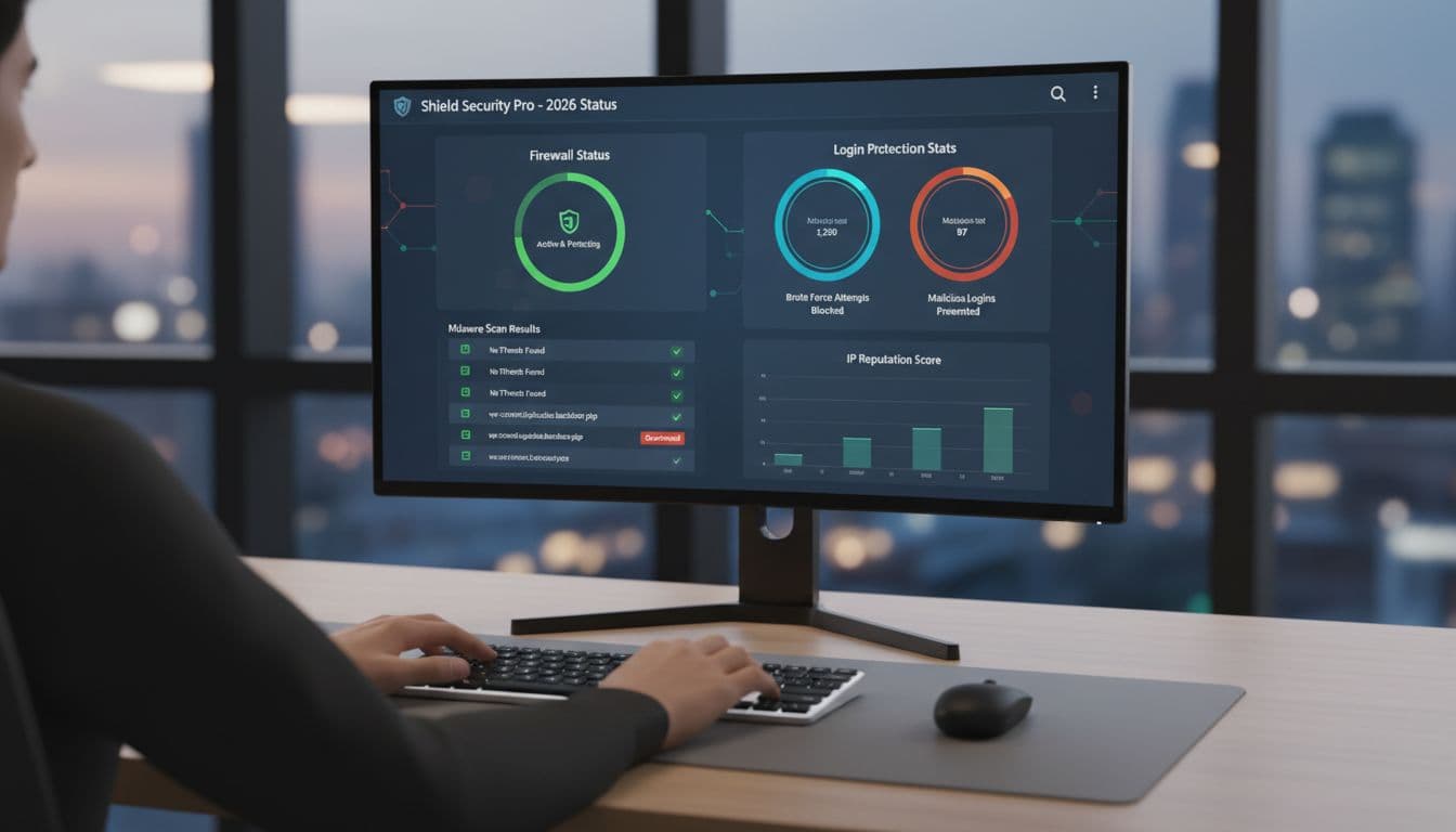 Photorealistic view of a WordPress security plugin dashboard on a single computer monitor in an office desk setup, featuring firewall status, malware scan results, and login protection charts, with keyboard, mouse, and relaxed hands nearby under soft lighting.