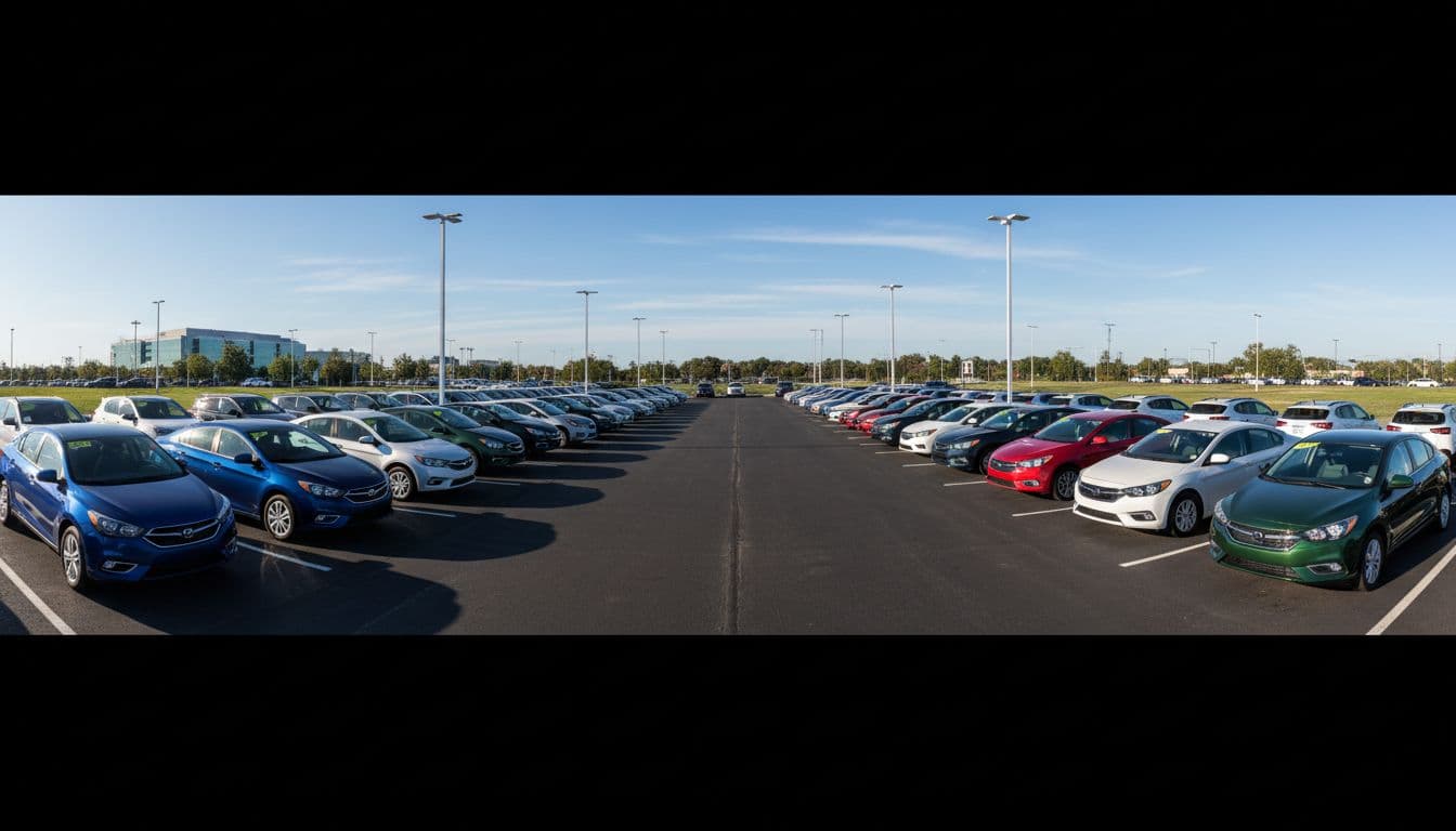 Diverse new sedans and SUVs under $30,000 lined up at a dealership lot under a blue sky, wide-angle photorealistic view with natural sunlight, clean and inviting atmosphere, no people, signs, text, or logos.