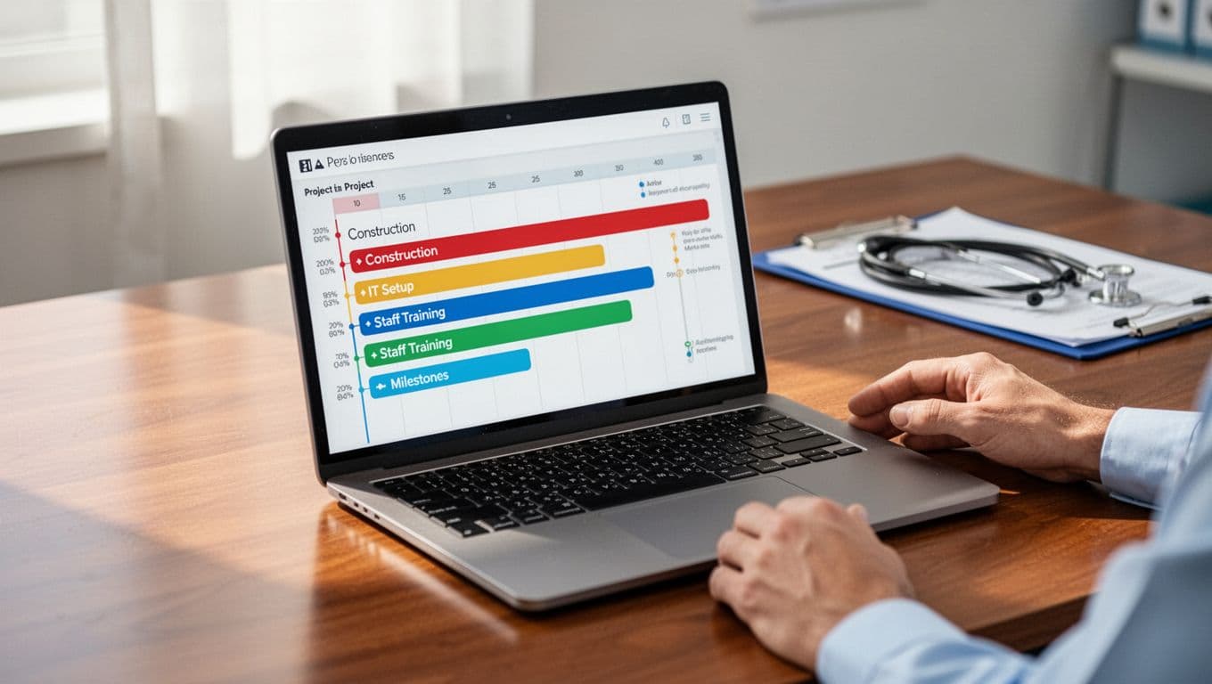 Modern laptop screen displays a colorful Gantt chart timeline for a new clinic opening project, with bars for tasks like construction, IT setup, staff training, and marked milestones, on a wooden desk in a bright medical office with blurred stethoscope and patient folder background.