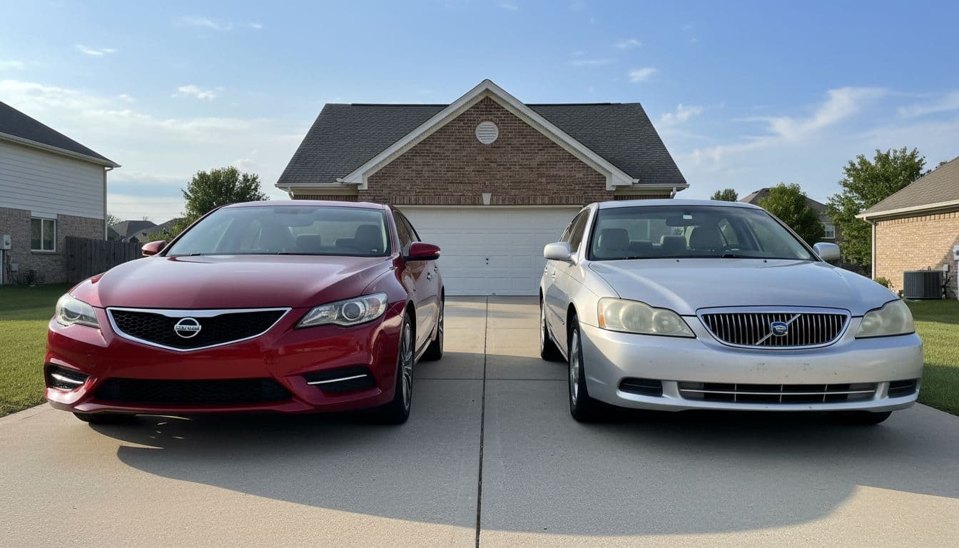 Side-by-side view of a shiny new red sedan and a well-maintained five-year-old silver sedan parked in a suburban driveway under blue sky, wide angle photorealistic composition with soft natural lighting.