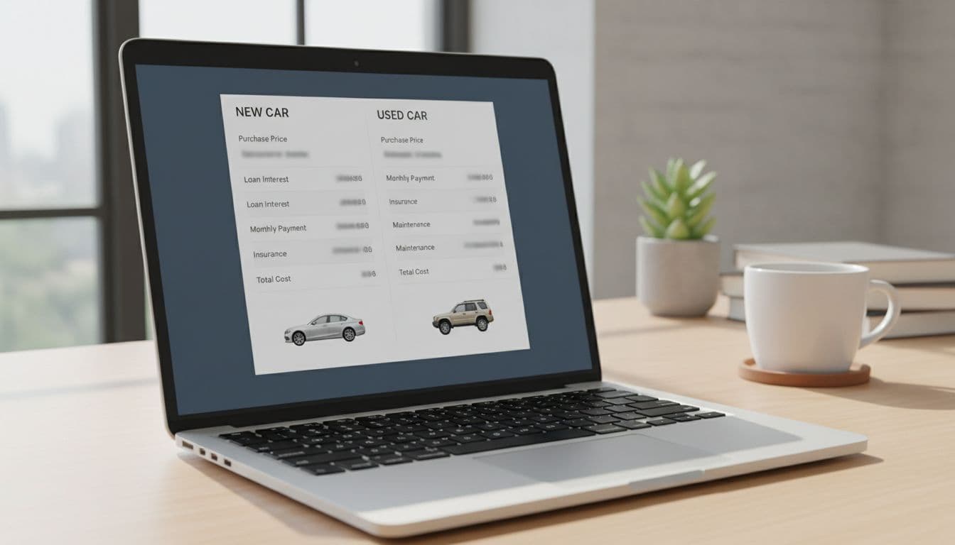 A clean desk setup with a single laptop displaying a car cost comparison calculator screen showing new and used options side by side, accompanied by a coffee mug under natural daylight lighting.