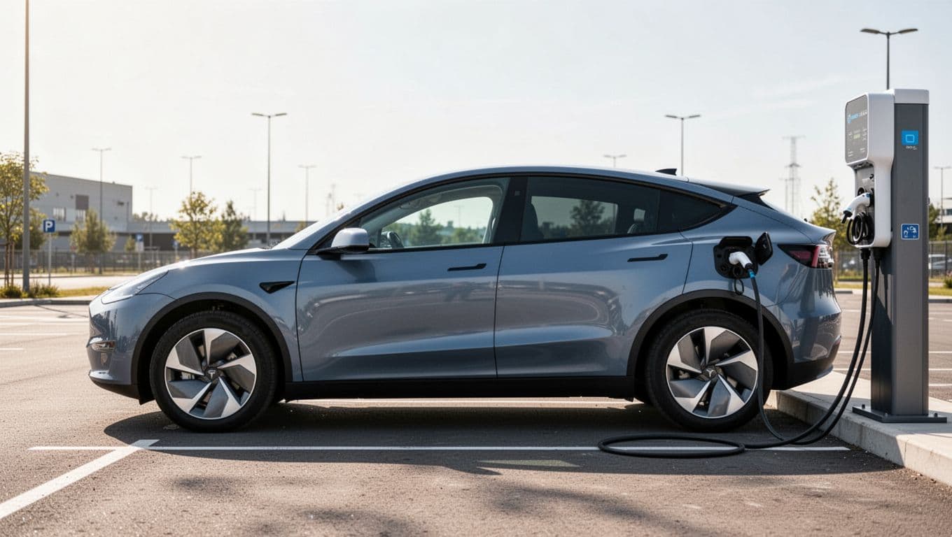 Side view of Nissan Ariya electric SUV plugged into a DC fast charger at a modern charging station in a daytime parking lot, realistic photo style with no people, text, logos, or watermarks.
