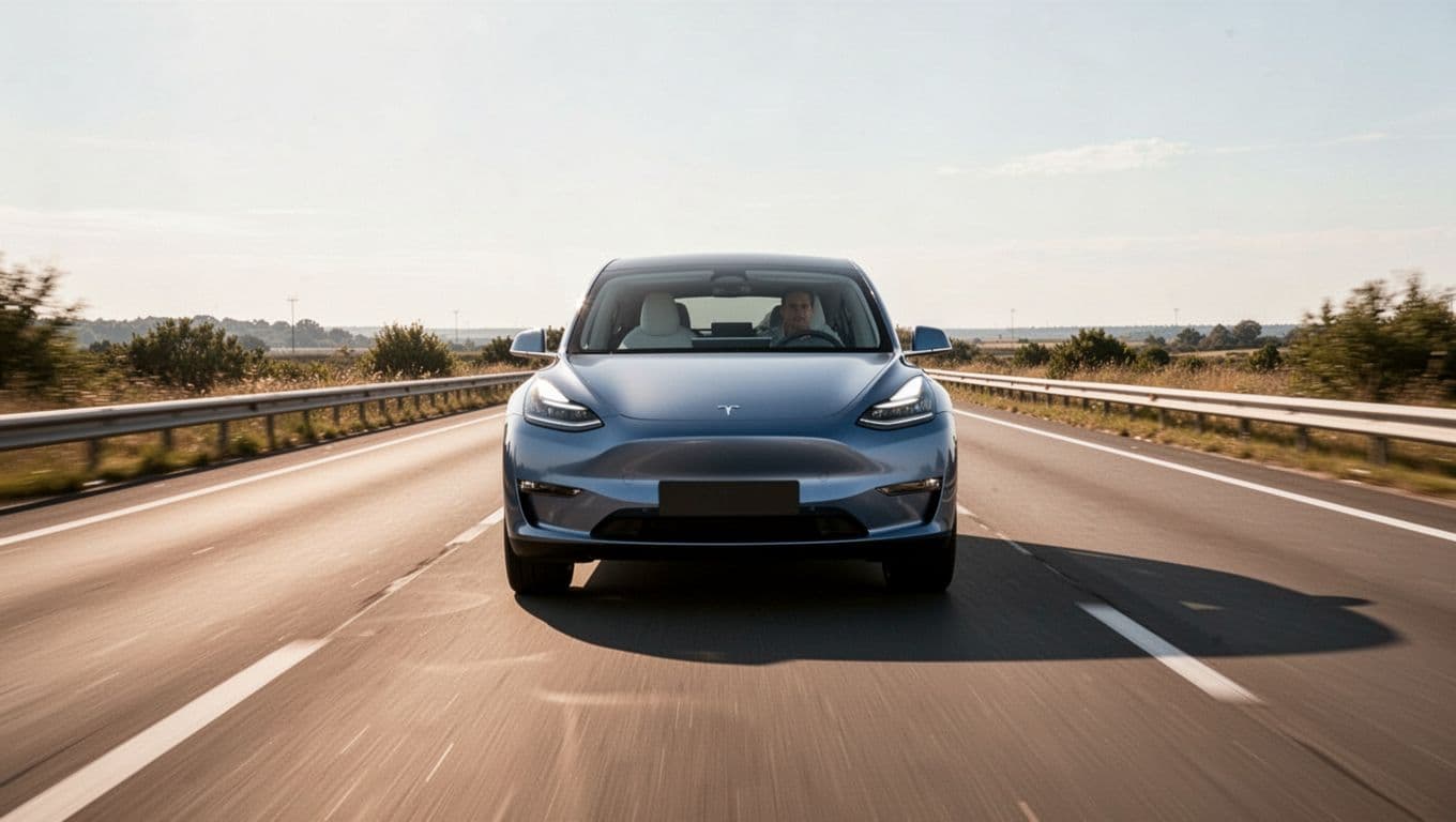 Nissan Ariya electric SUV driving smoothly on a sunny highway, centered in frame with modern design visible and clear road ahead under natural daylight.