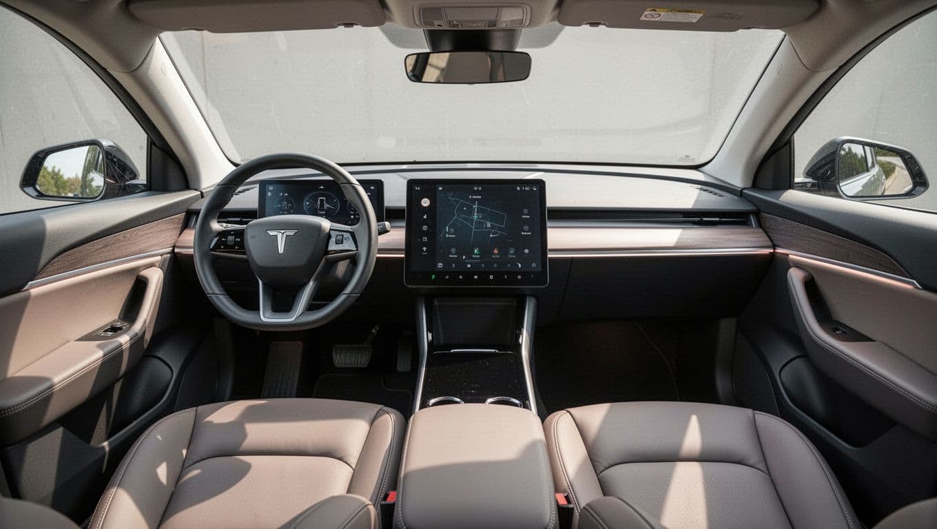 Realistic photo of Nissan Ariya upscale cabin interior from driver seat, showing dashboard, center console with infotainment screen, leather seats, ambient lighting, and soft natural light from windows.