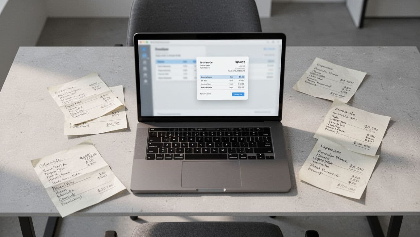 Clean office desk top-down view with open laptop showing blurred time tracking entries flowing into invoice preview, paper expense notes beside it, modern minimalist style.