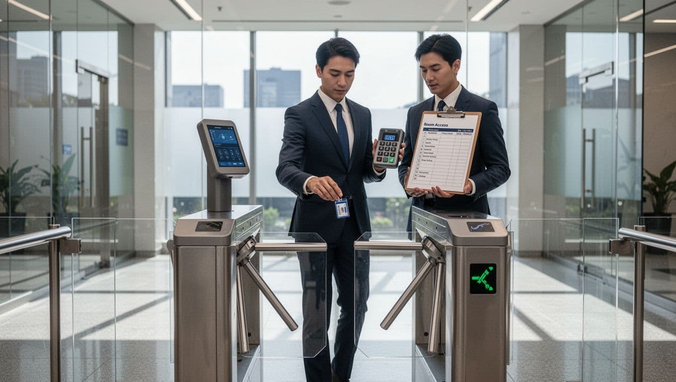 A professional swipes an ID badge at a turnstile, enters a PIN on a nearby keypad, and holds a clipboard with a room access list in a modern office lobby. Realistic photography style with bright natural daylight and clean corporate interior.