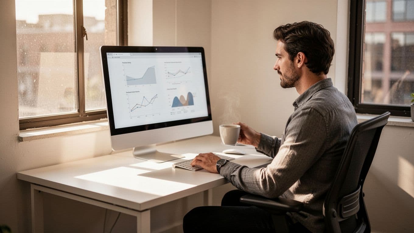 Small team member in modern small office workspace reviews automated data scan report on desktop computer screen from side view slightly blurred, simple charts visible vaguely, holding coffee cup with relaxed hand, daylight from window, realistic style, exactly one person.
