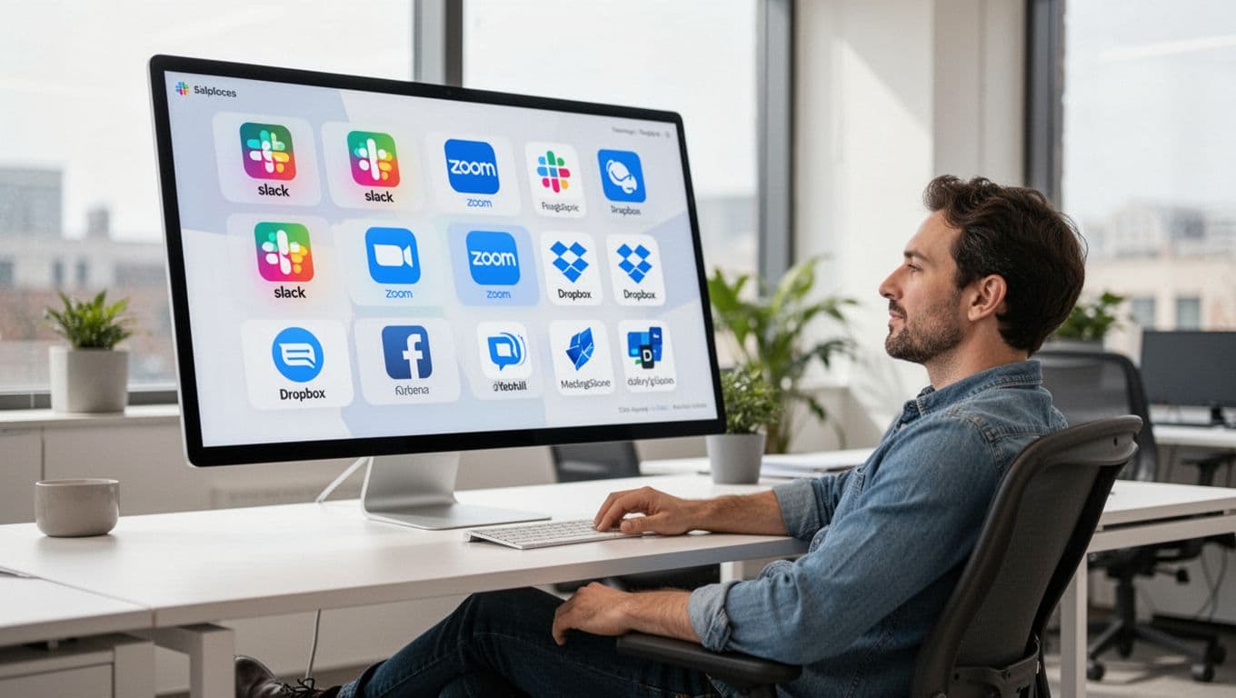 Modern office worker in relaxed pose at desk views large monitor showing icons of SaaS apps like Slack, Zoom, Dropbox in a unified overview screen, clean professional setting with natural daylight.