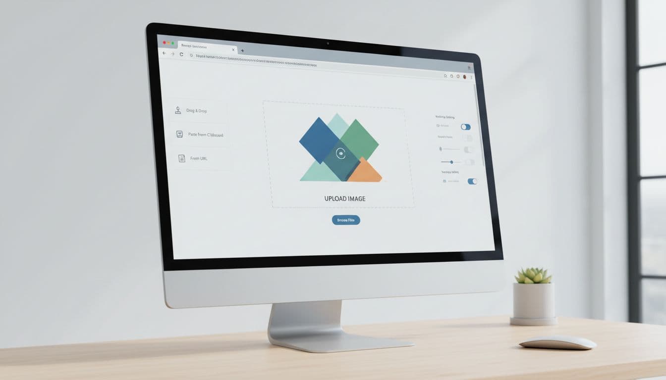 Web browser window on a desktop computer displaying an online image vectorizer tool upload interface, screen at an angle in modern flat design, focus on upload area with placeholder image in clean desk setting, no readable text, no hands or people.