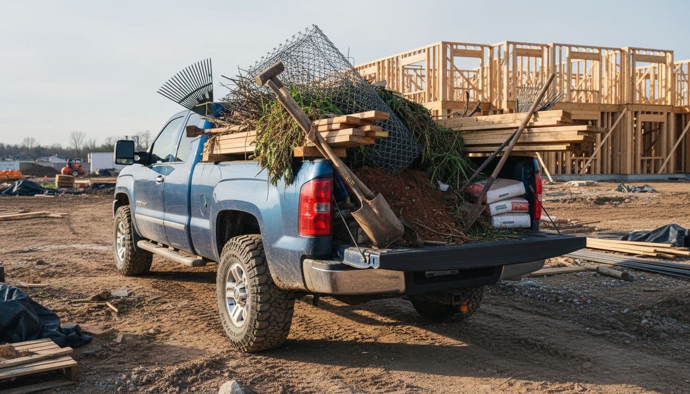 A full-size pickup truck with tailgate down and open bed loaded with building supplies, dirt piles, yard waste, and oversized tools at a home construction site on rugged terrain in natural daylight.