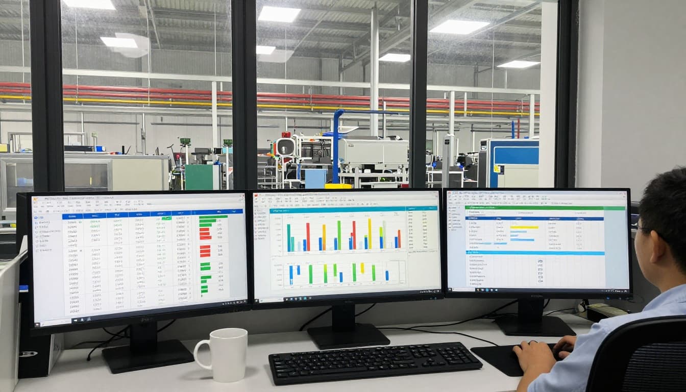 Operations manager seated in modern factory office with production line view, analyzing dual-monitor dashboards for job status, costs, and timelines.