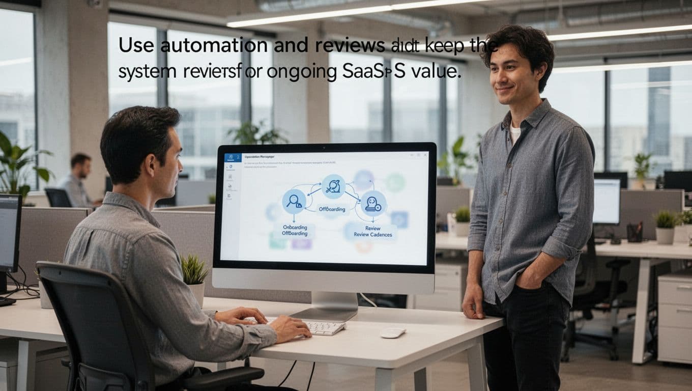 Operations manager in modern open office workspace sets up SaaS management automation on desktop computer, with blurred abstract icons for onboarding, offboarding workflows, and review cadences on screen; one person standing relaxed near desk under natural lighting.