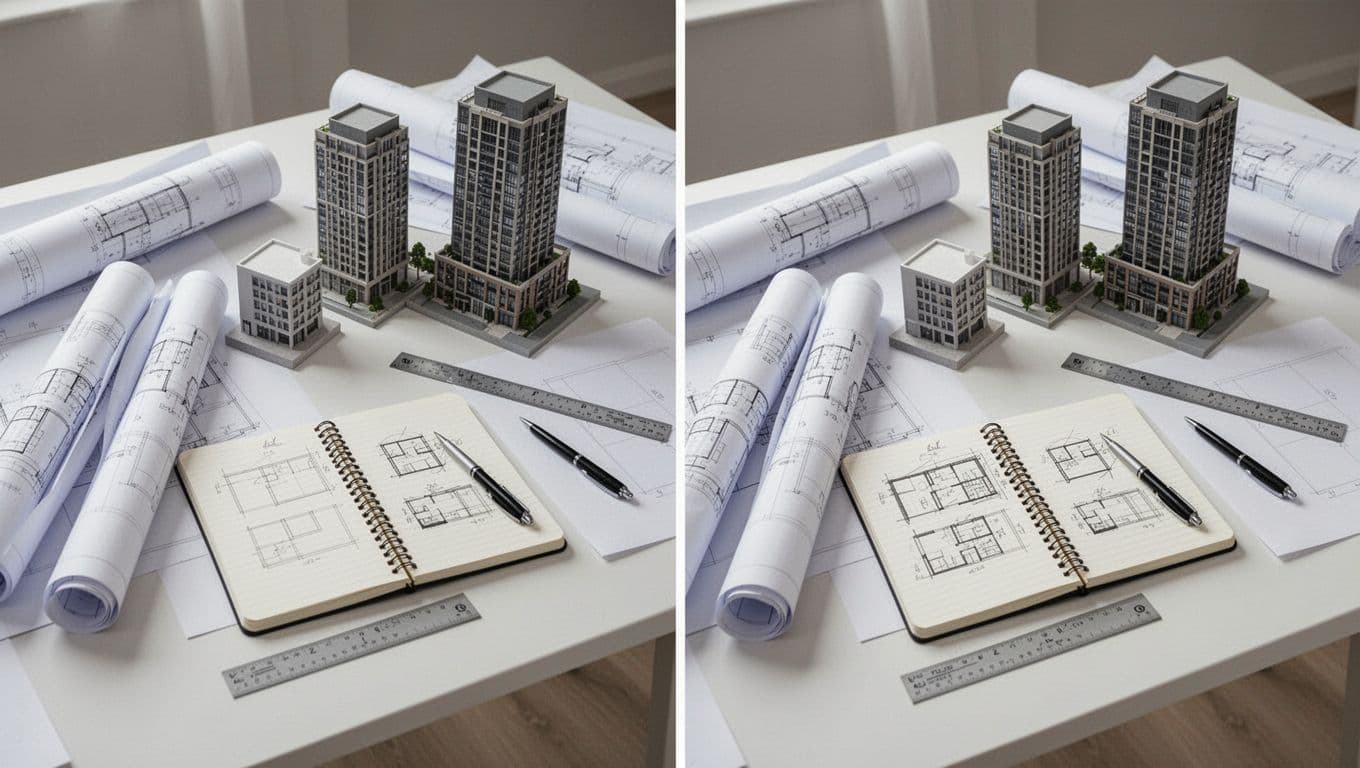 Clean architect's desk with rolled blueprints, scale models of buildings, notebook with sketches, ruler and pen, viewed from overhead in soft natural light. Realistic photo of an organized workspace ideal for project material comparisons.