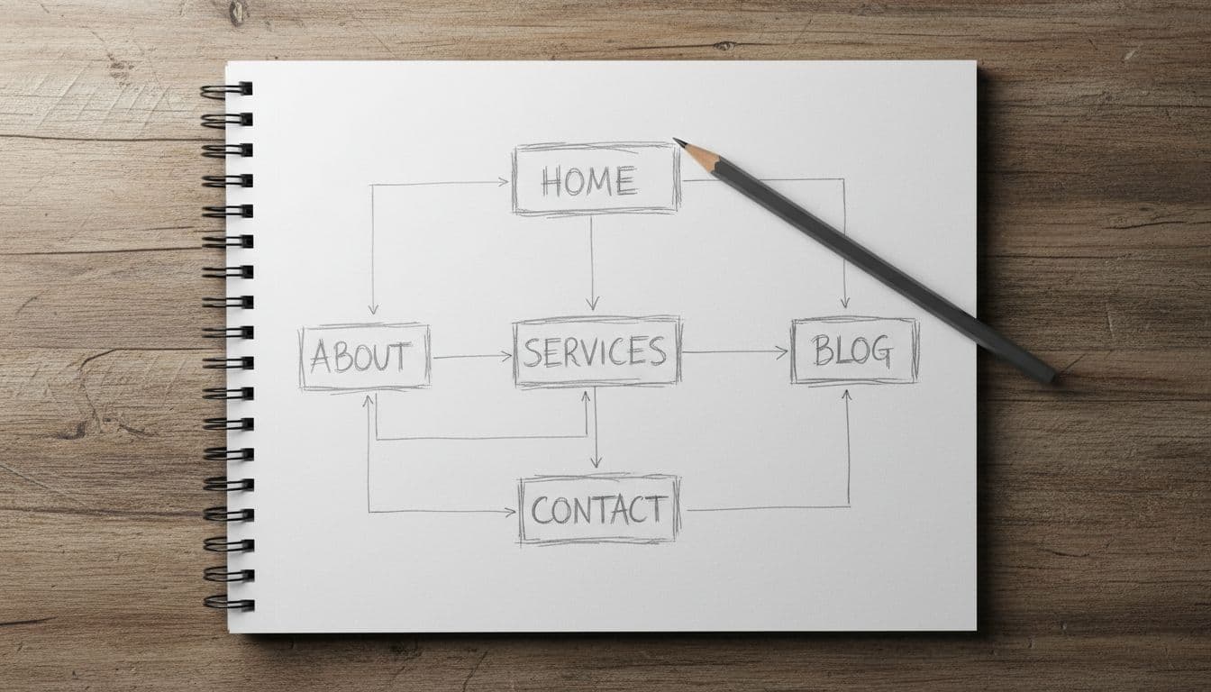 A realistic pencil sketch of a basic website sitemap on a notepad, featuring connected boxes labeled for Home, About, Services, Contact, and Blog pages with lines indicating navigation flow. Overhead flat lay composition on a wooden desk background with soft natural daylight lighting.