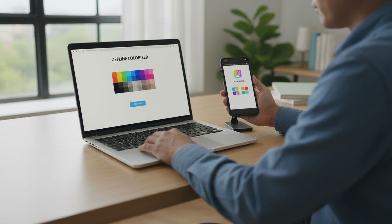 A single person at a desk with a laptop showing an offline AI colorizer app and a phone browser displaying an online tool side by side, in a decision-making scene with natural office lighting and relaxed hands on devices.