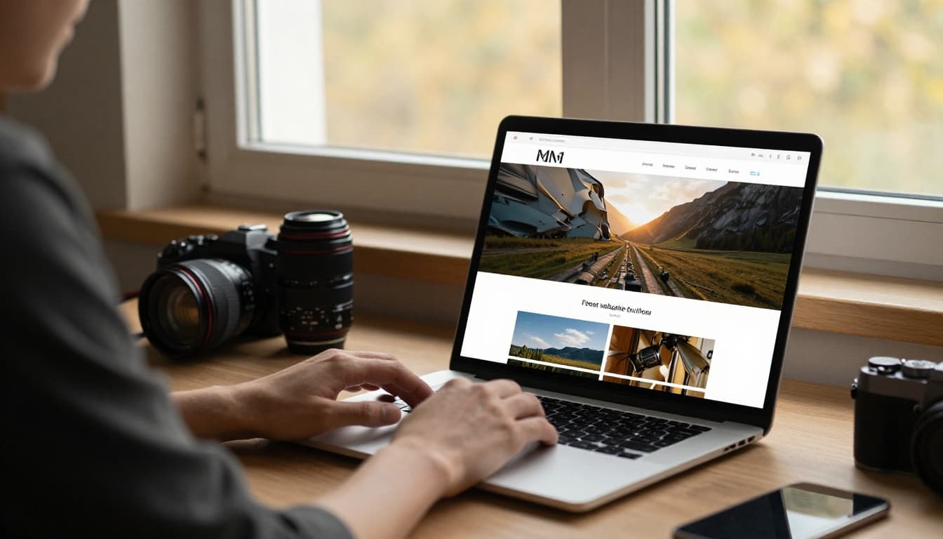 Solo photographer at desk in cozy home studio, editing photography portfolio website on laptop with camera and lens nearby, soft warm lighting.