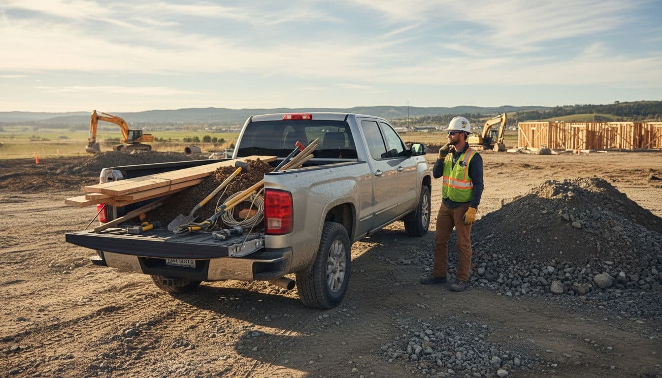 Full-size pickup truck at a construction job site with tailgate down and open bed loaded with lumber, tools, and dirt pile, one worker standing nearby on rugged terrain under natural daylight.