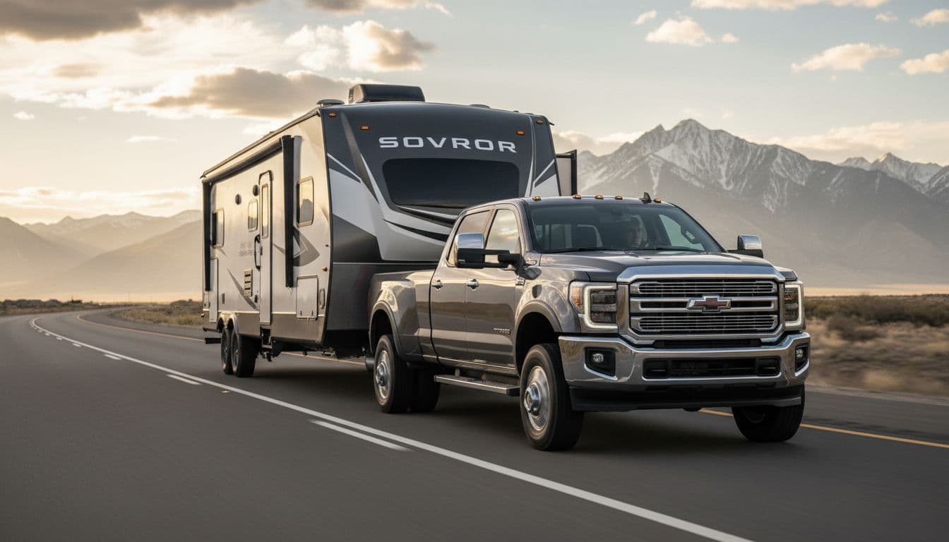 A full-size pickup truck confidently tows a trailer along a highway with distant mountains, exuding stability and power under load in natural sunlight. Realistic photo shows exactly one truck, one trailer, and one driver, emphasizing truck strength on the road.