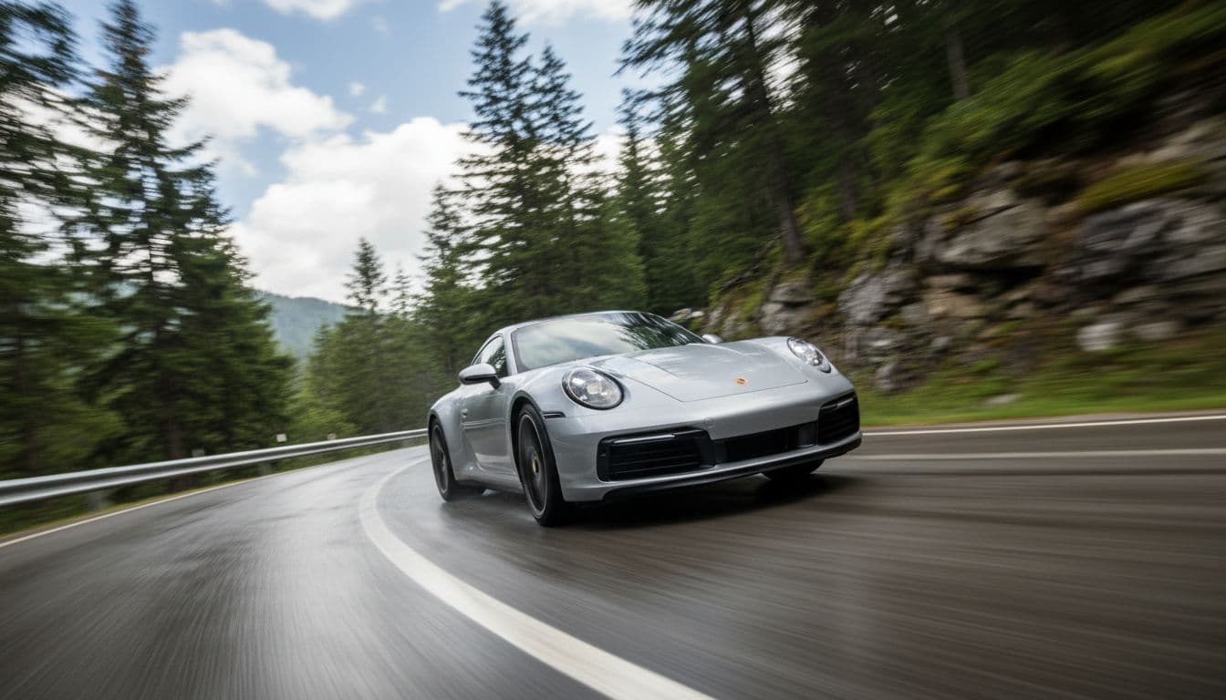 Porsche 911 Carrera 4S sports car dynamically cornering on a wet twisty road from a low side angle, highlighting superior grip and handling in rainy conditions. Realistic daylight photography with rain droplets on the road and sharp focus on the vehicle.